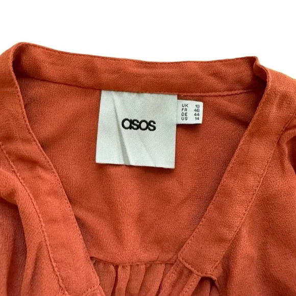 ASOS Orange Sheer Blouse Top Long Sleeve Neck Tie Smocked 14 - Picture 3 of 11